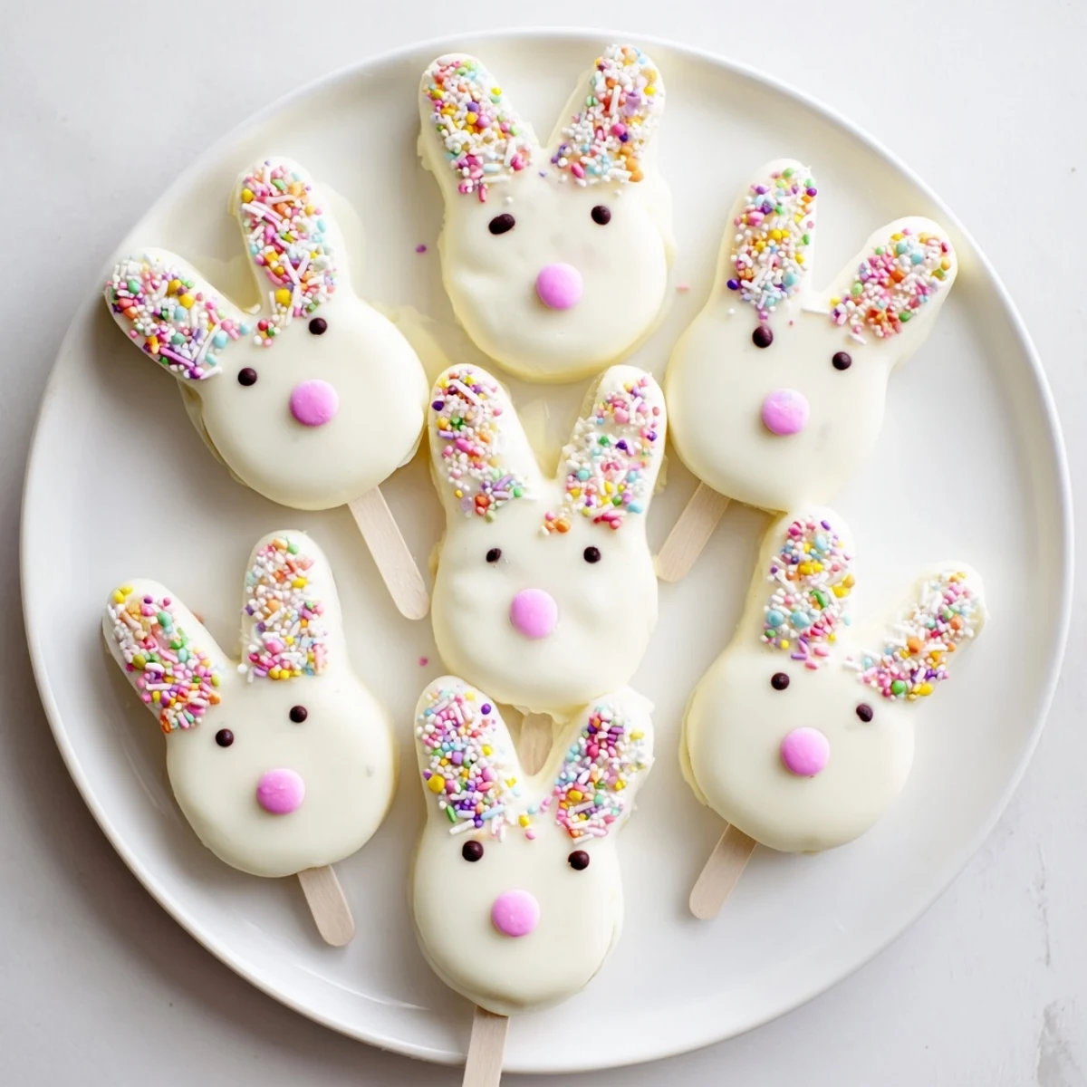 Creamy white chocolate bunny cakesicles decorated with pink ears and sprinkles