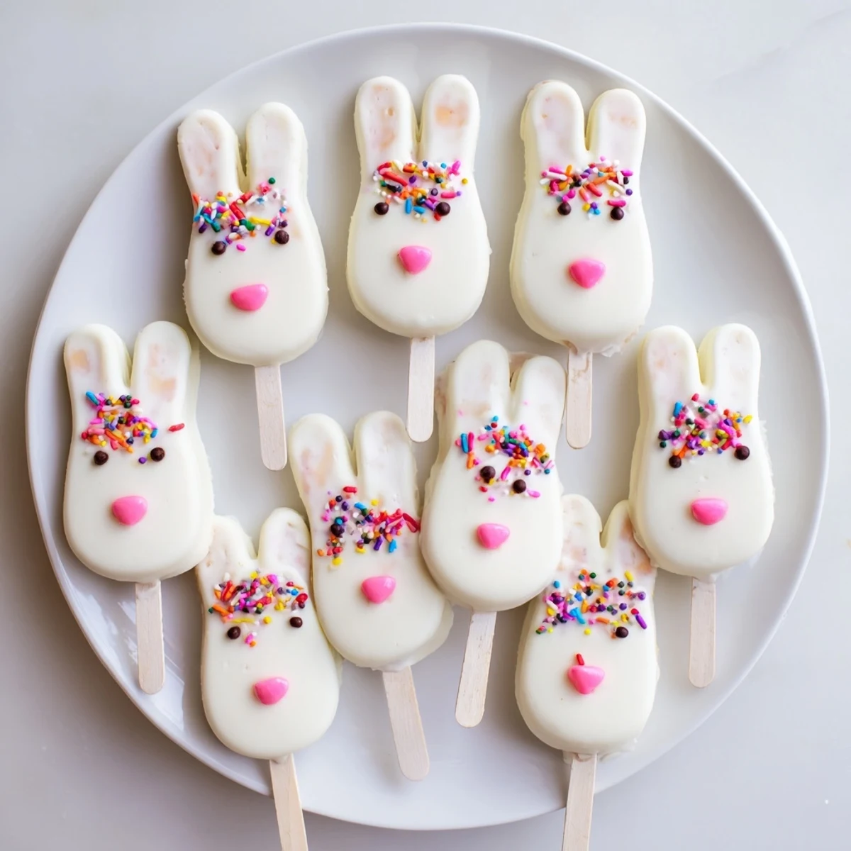 Festive bunny-shaped white chocolate cakesicles arranged on parchment for spring celebrations