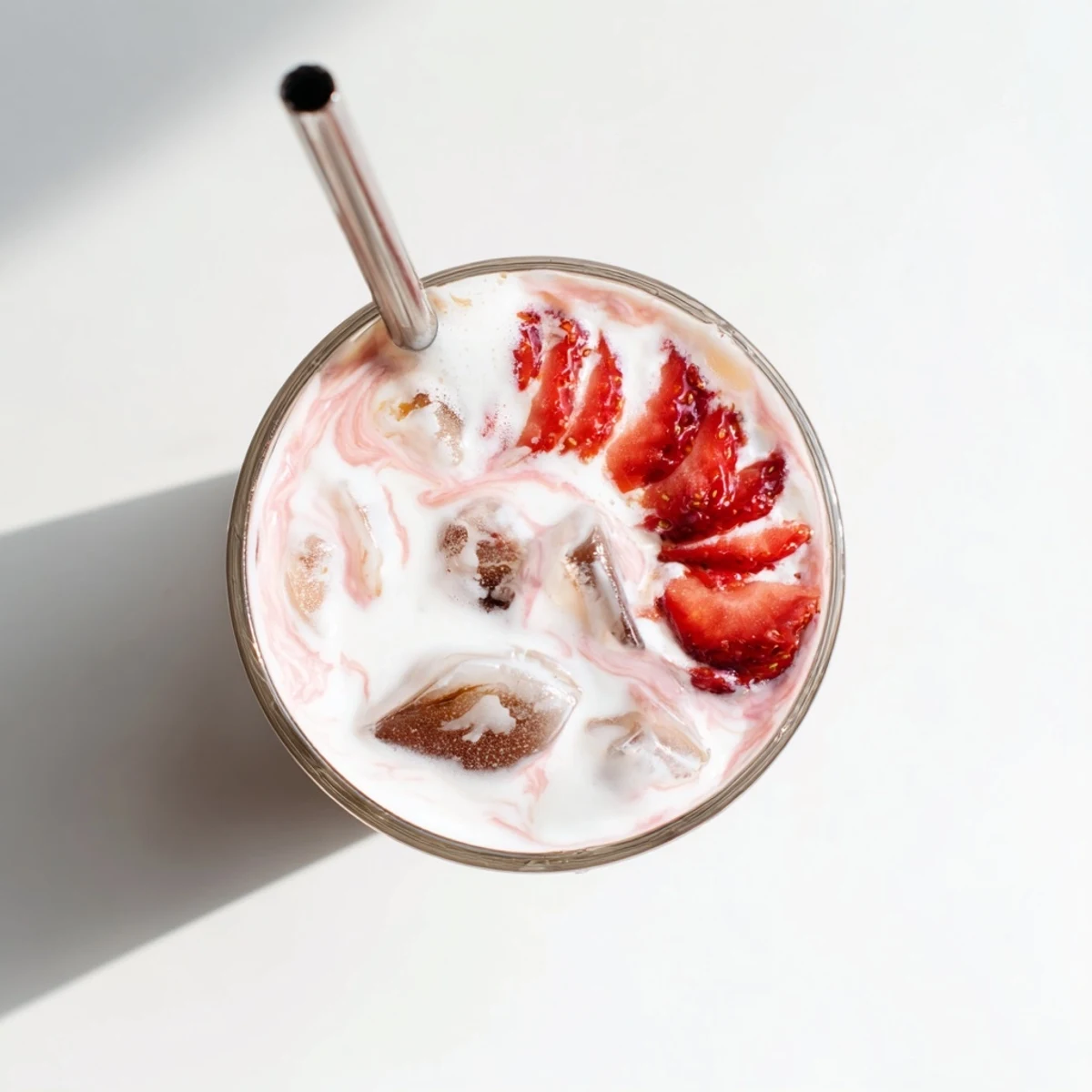 Iced strawberry cream latte with rich espresso layering over pink milk on ice
