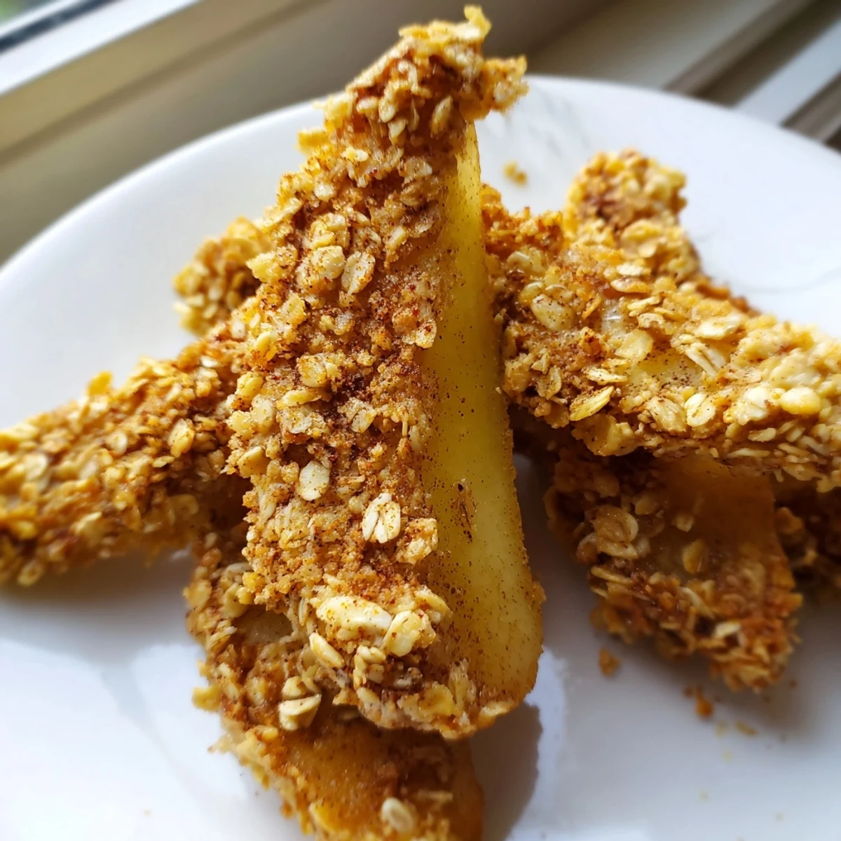 Golden crispy air fryer apples coated in warm cinnamon sugar served in a rustic bowl