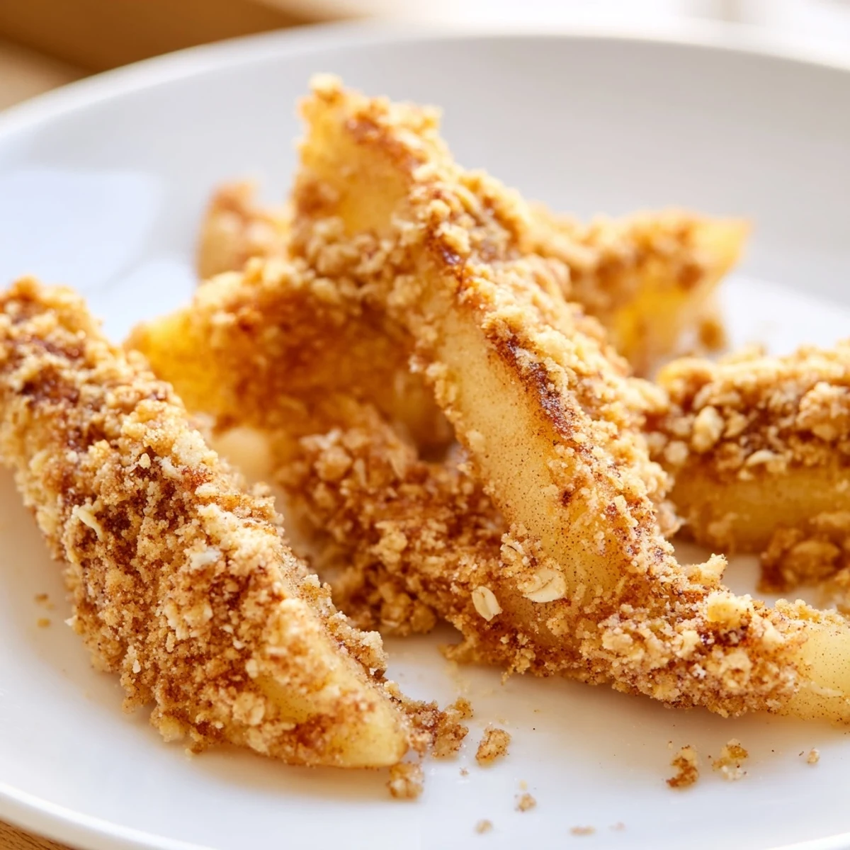Tender caramelized air fryer apple wedges with crunchy oat topping fresh from the basket