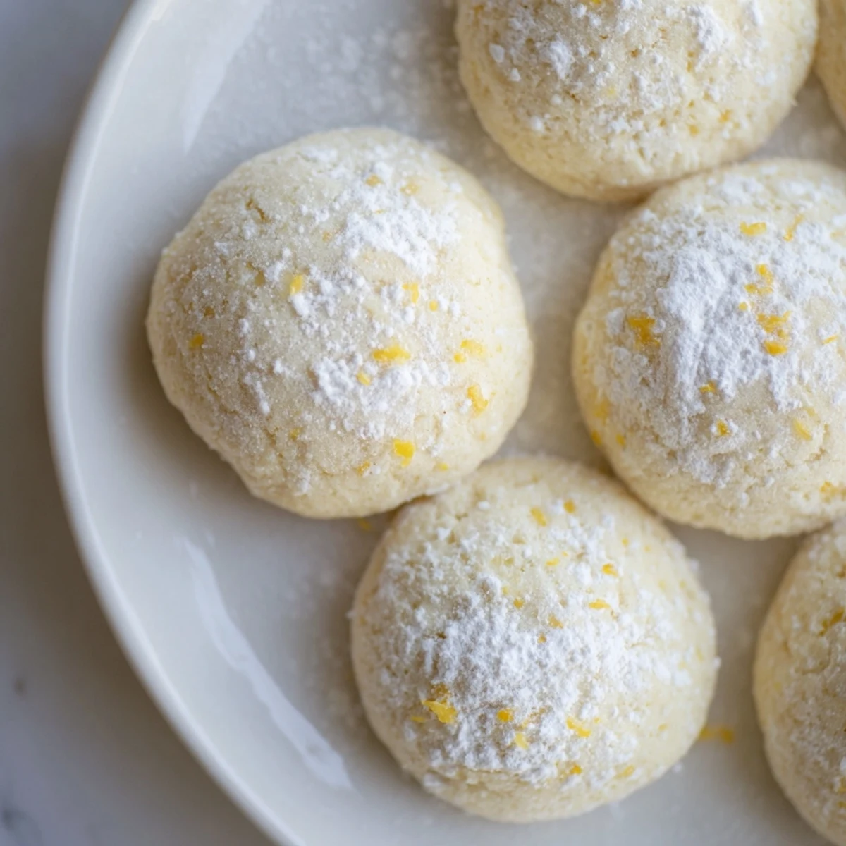 Powdered-sugar-dusted lemon meltaways arranged on a rustic parchment-lined baking sheet