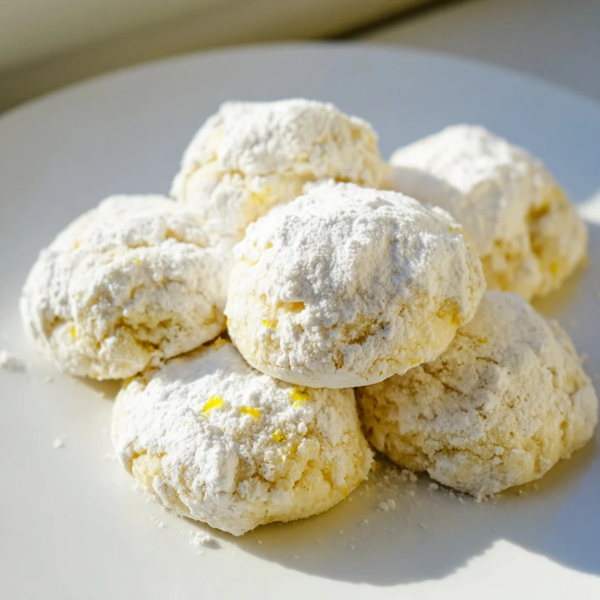 Golden buttery lemon meltaways stacked on a wire cooling rack near tea