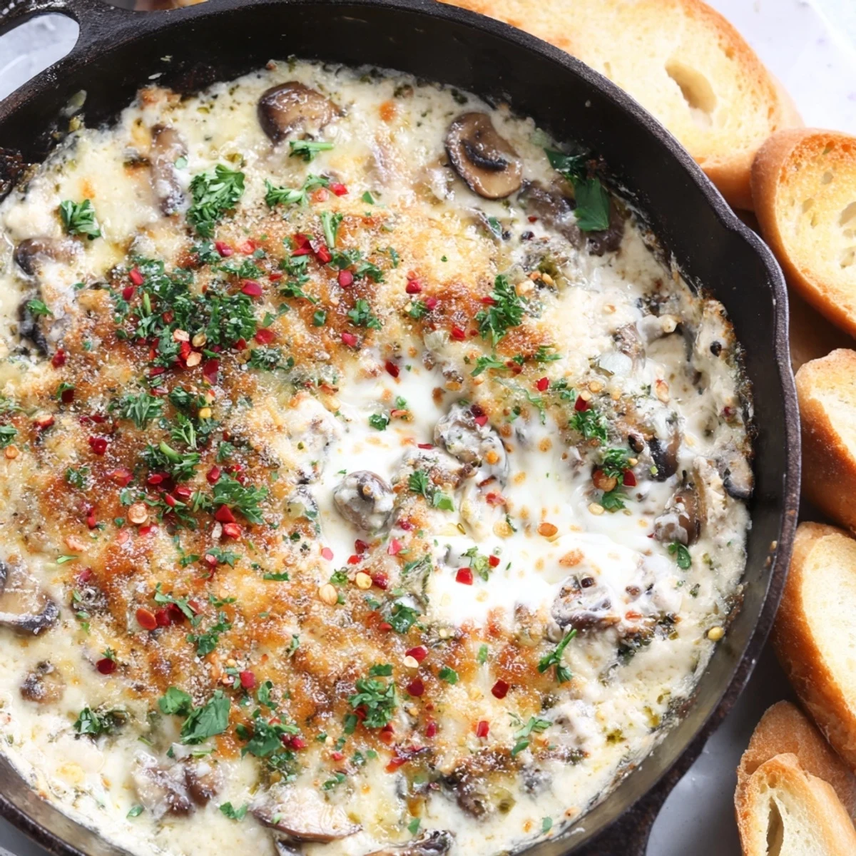 Golden bubbly stuffed mushroom dip served warm in a cast iron skillet
