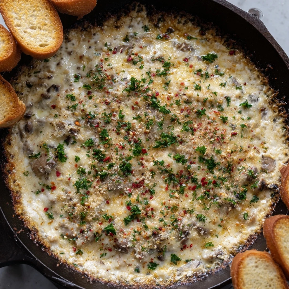 Creamy stuffed mushroom dip topped with parsley and served alongside toasted baguette slices