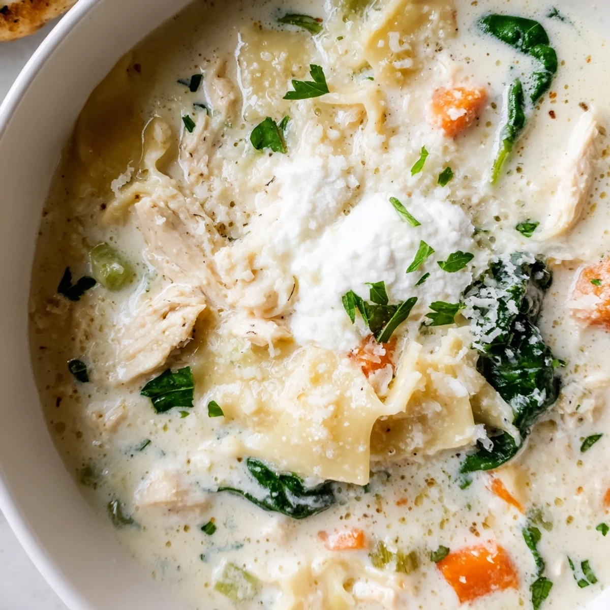 Creamy Italian white lasagna soup in a rustic bowl topped with melted mozzarella and fresh parsley