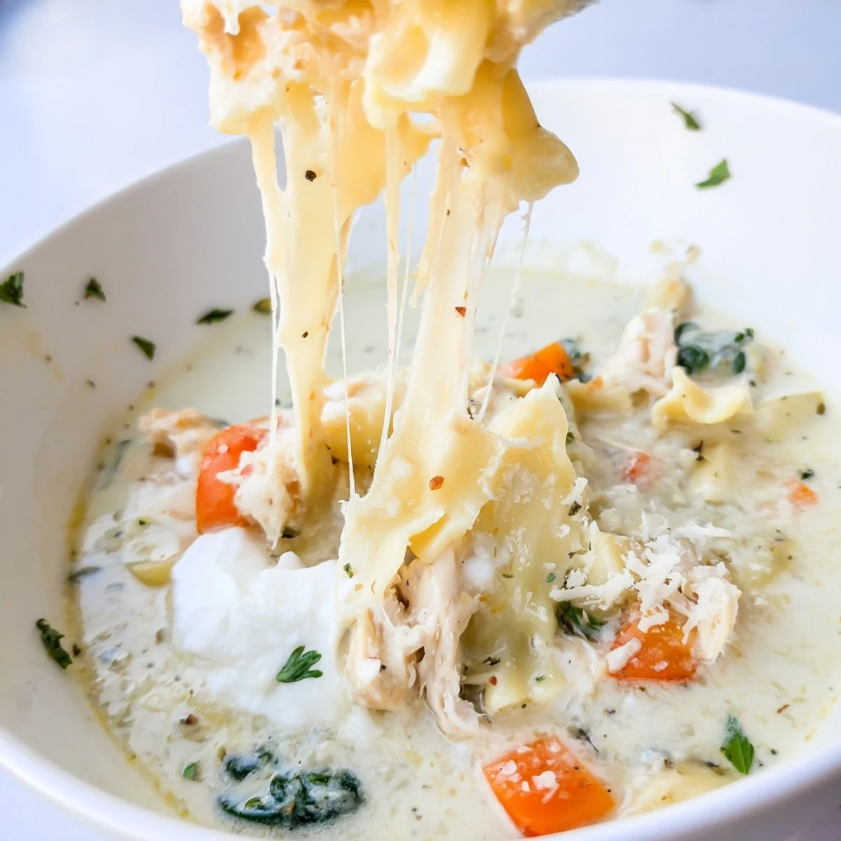 Steaming bowl of Italian white lasagna soup with tender chicken spinach and broken noodle pieces