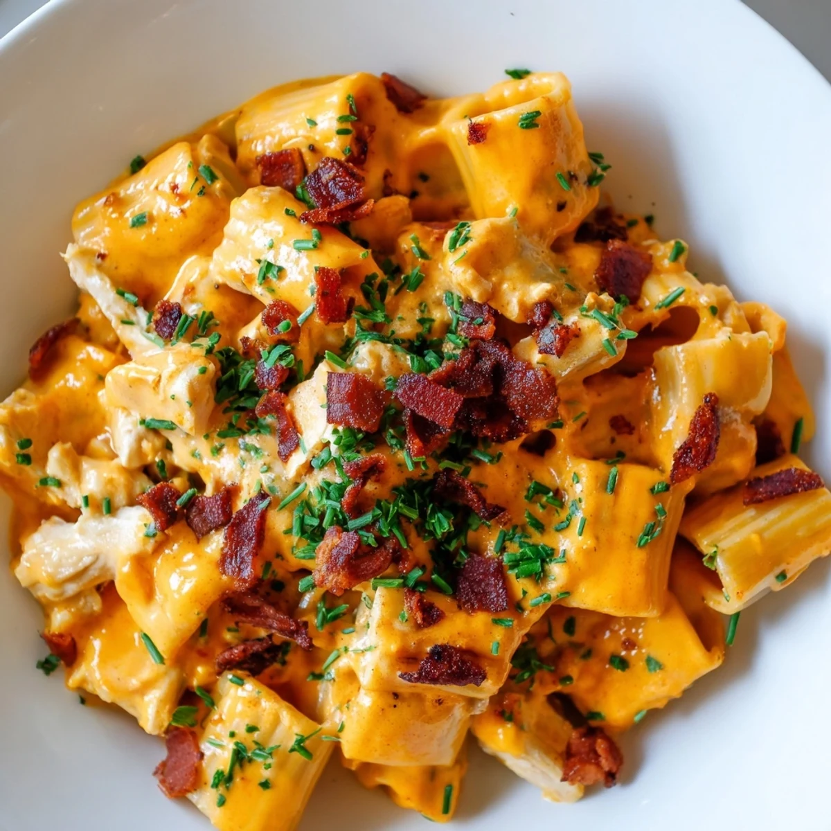 Creamy crack chicken pasta topped with crispy beef bacon and fresh green herbs