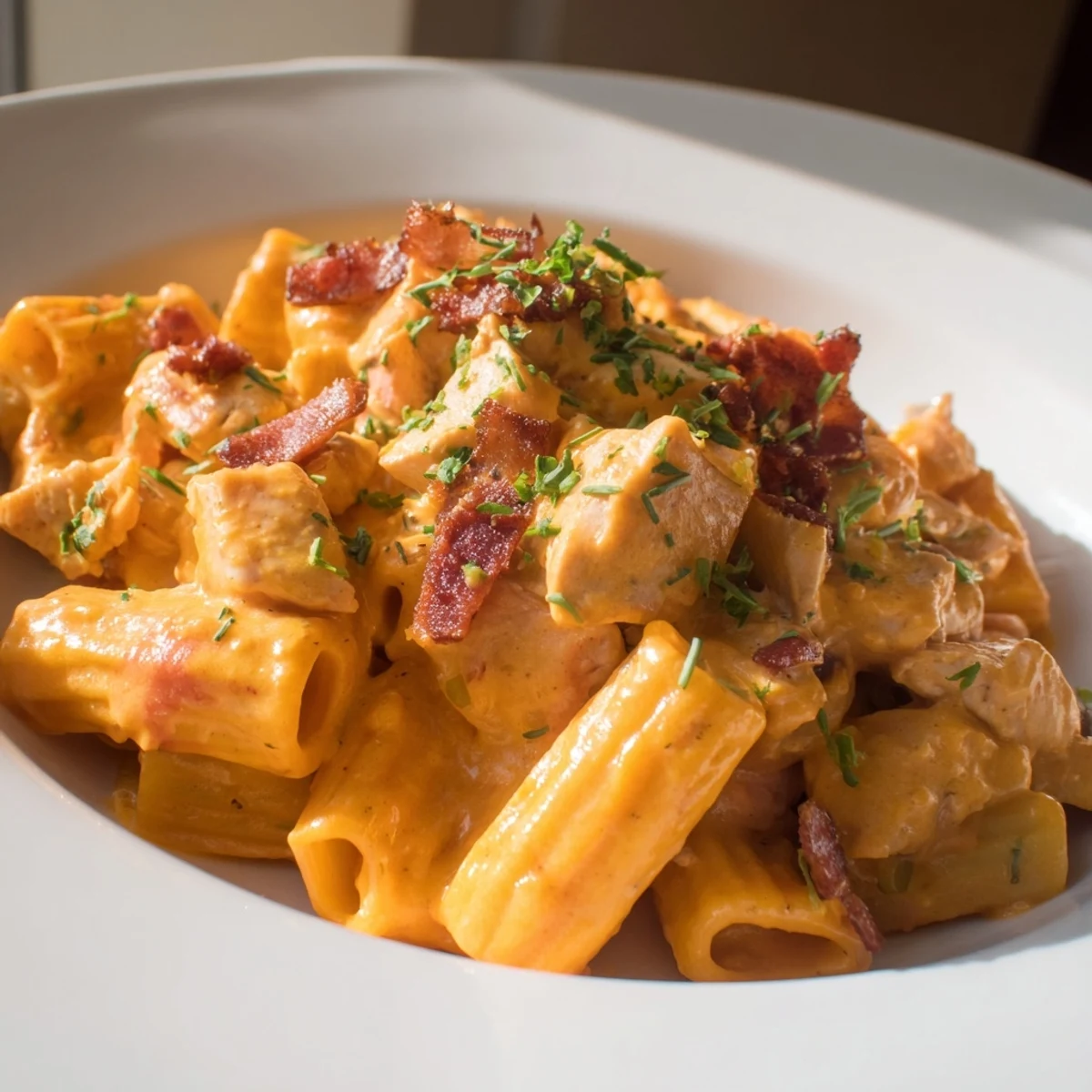 Golden pasta coated in rich creamy crack chicken sauce with crispy bacon bits