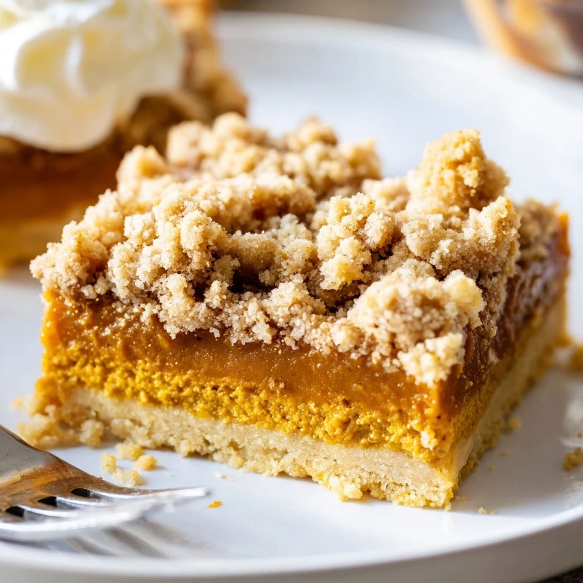 Golden brown sugar maple pumpkin butter bars with crumbly streusel on a rustic baking sheet