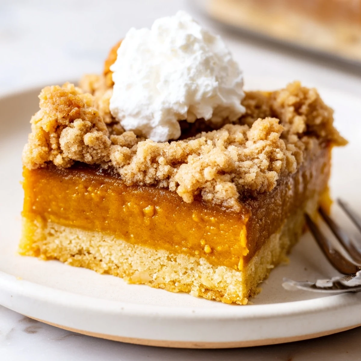 Creamy pumpkin filling peeks through cinnamon streusel on these brown sugar maple pumpkin butter bars