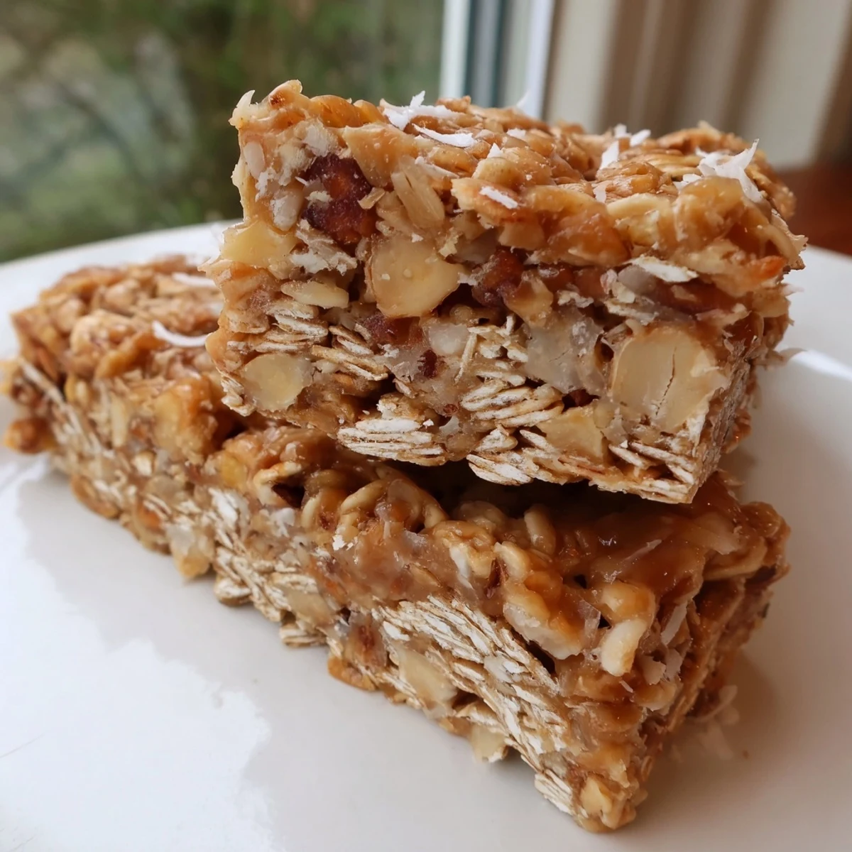 Chewy no bake apple peanut butter granola bars topped with visible apple pieces and oats on a rustic cutting board