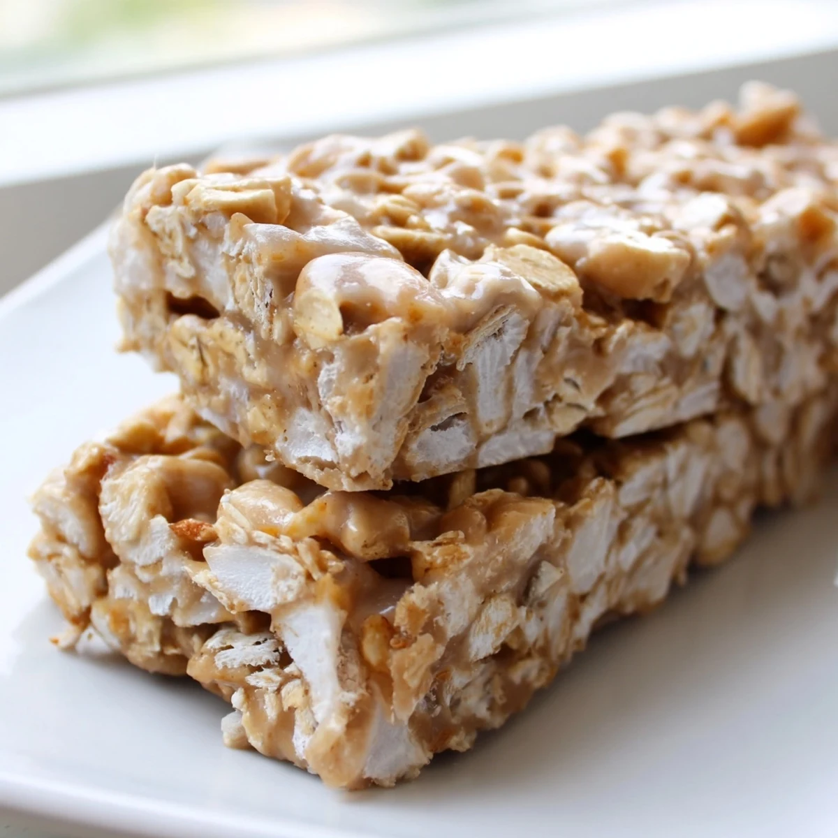 Thick slices of no bake apple peanut butter granola bars drizzled with honey beside a glass of milk