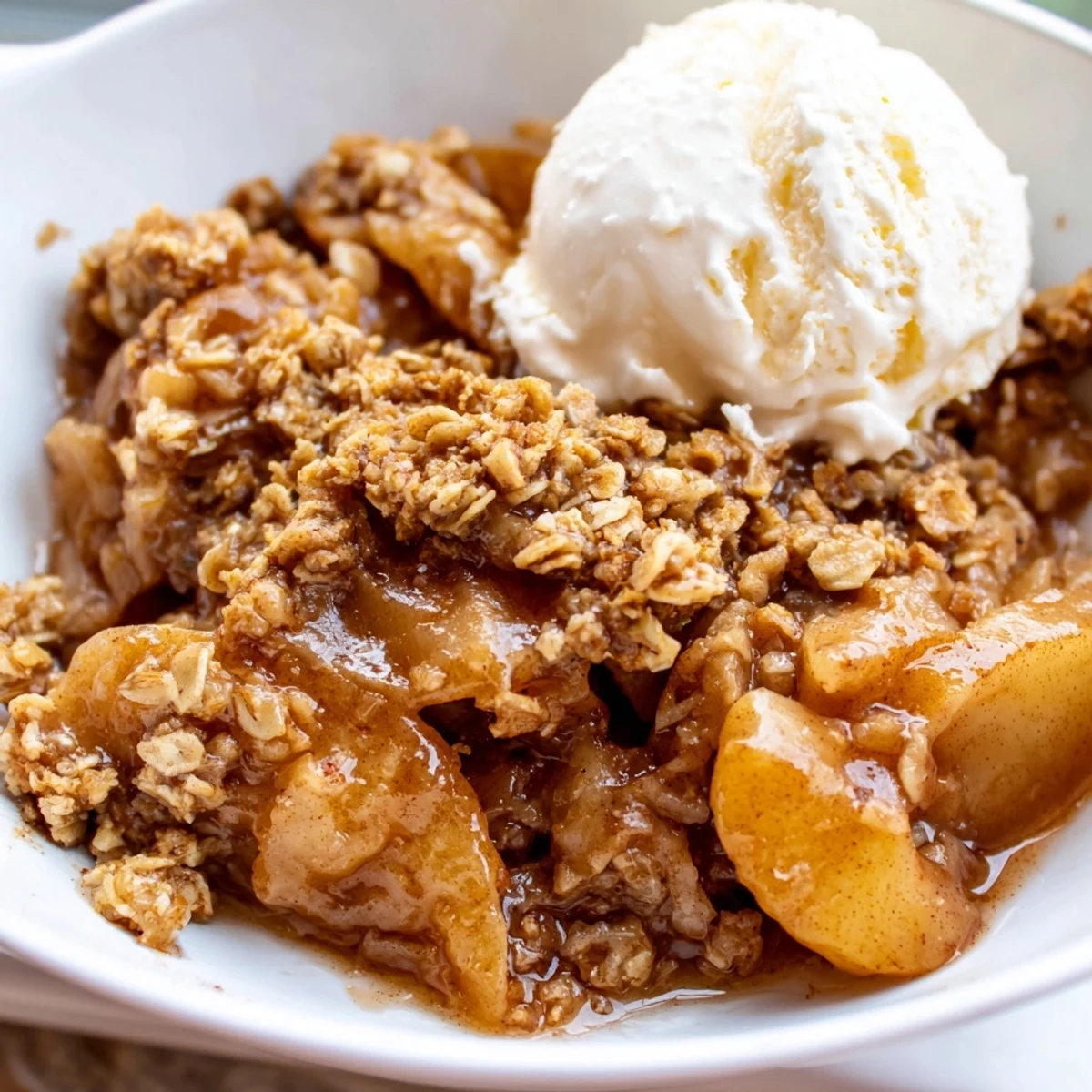 Warm crockpot apple crisp with golden oat topping served in a rustic dish