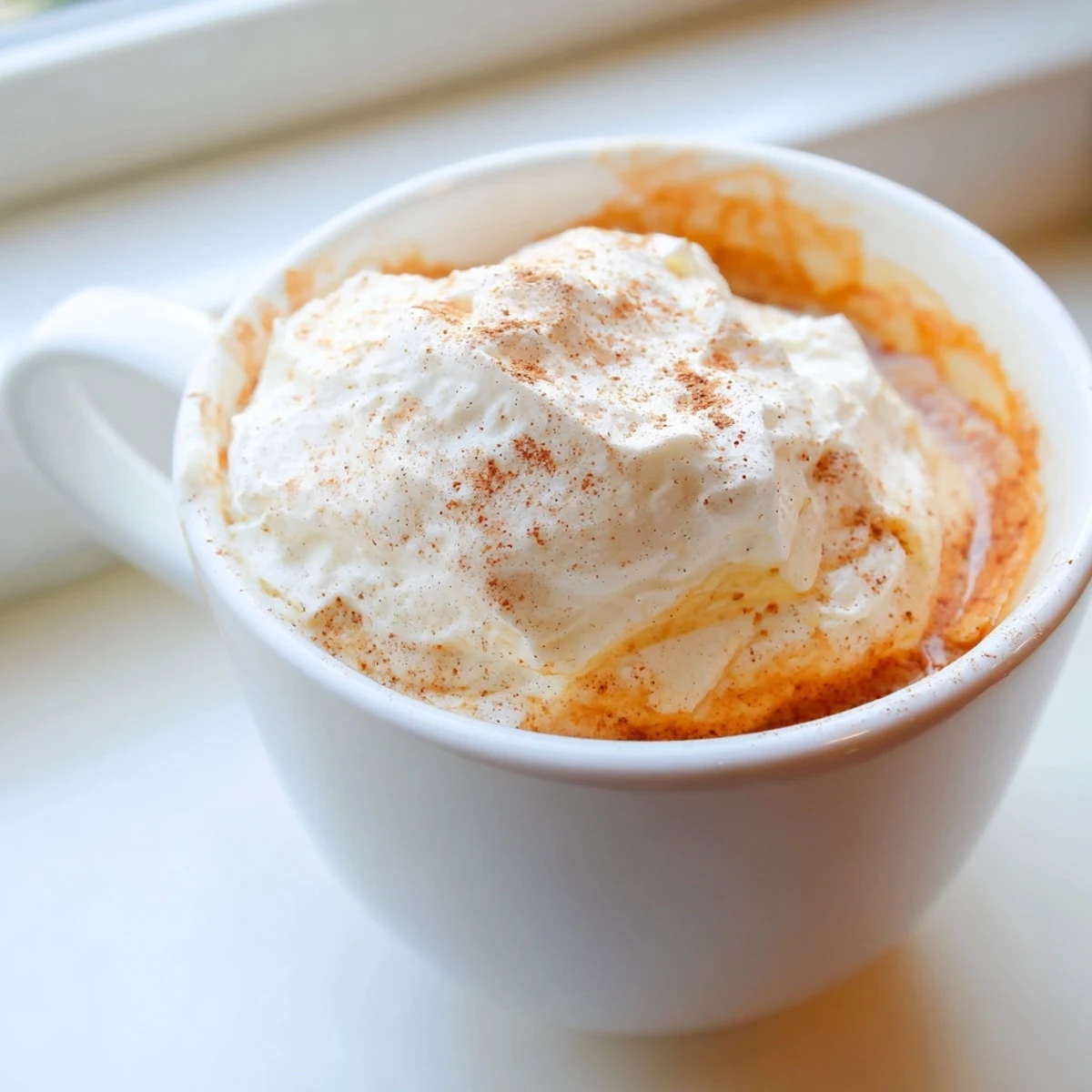 Homemade Pumpkin Spice Latte topped with whipped cream and a dusting of cinnamon in a cozy mug