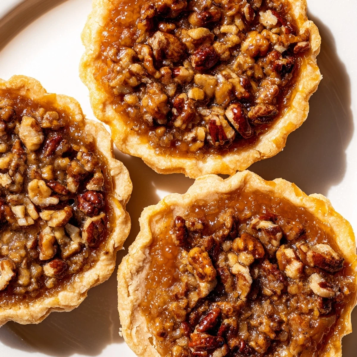 Golden mini pecan pies with gooey caramel filling fresh from the oven