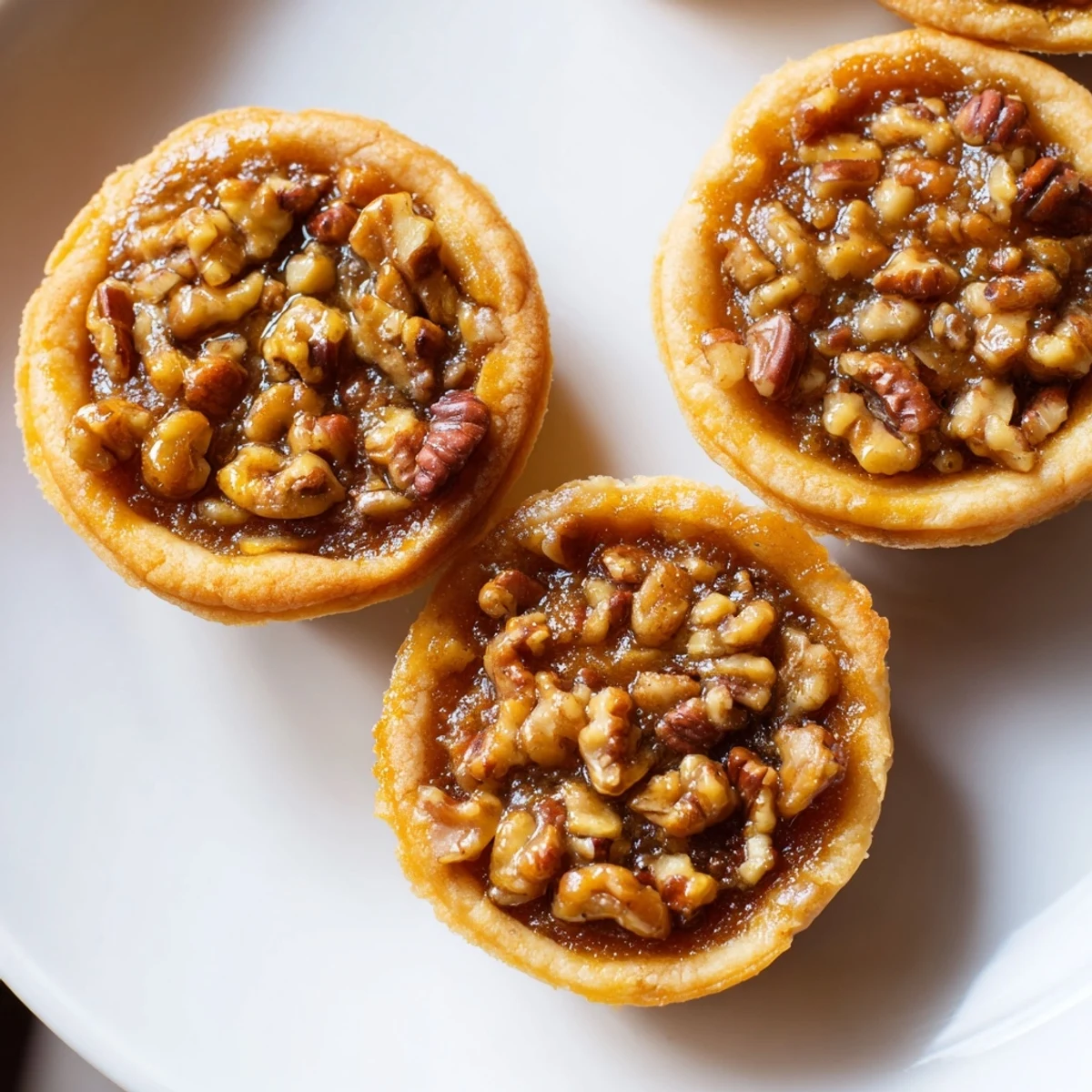 Bite-sized mini pecan pies topped with crunchy toasted nuts on a wire rack