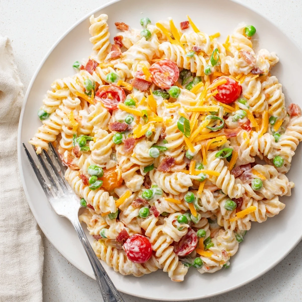 Colorful crack pasta salad mounded in a bowl with creamy ranch dressing and crunchy vegetables