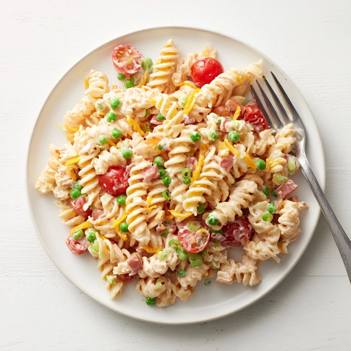 Chilled crack pasta salad in a serving dish showing rotini, cherry tomatoes, and green onions