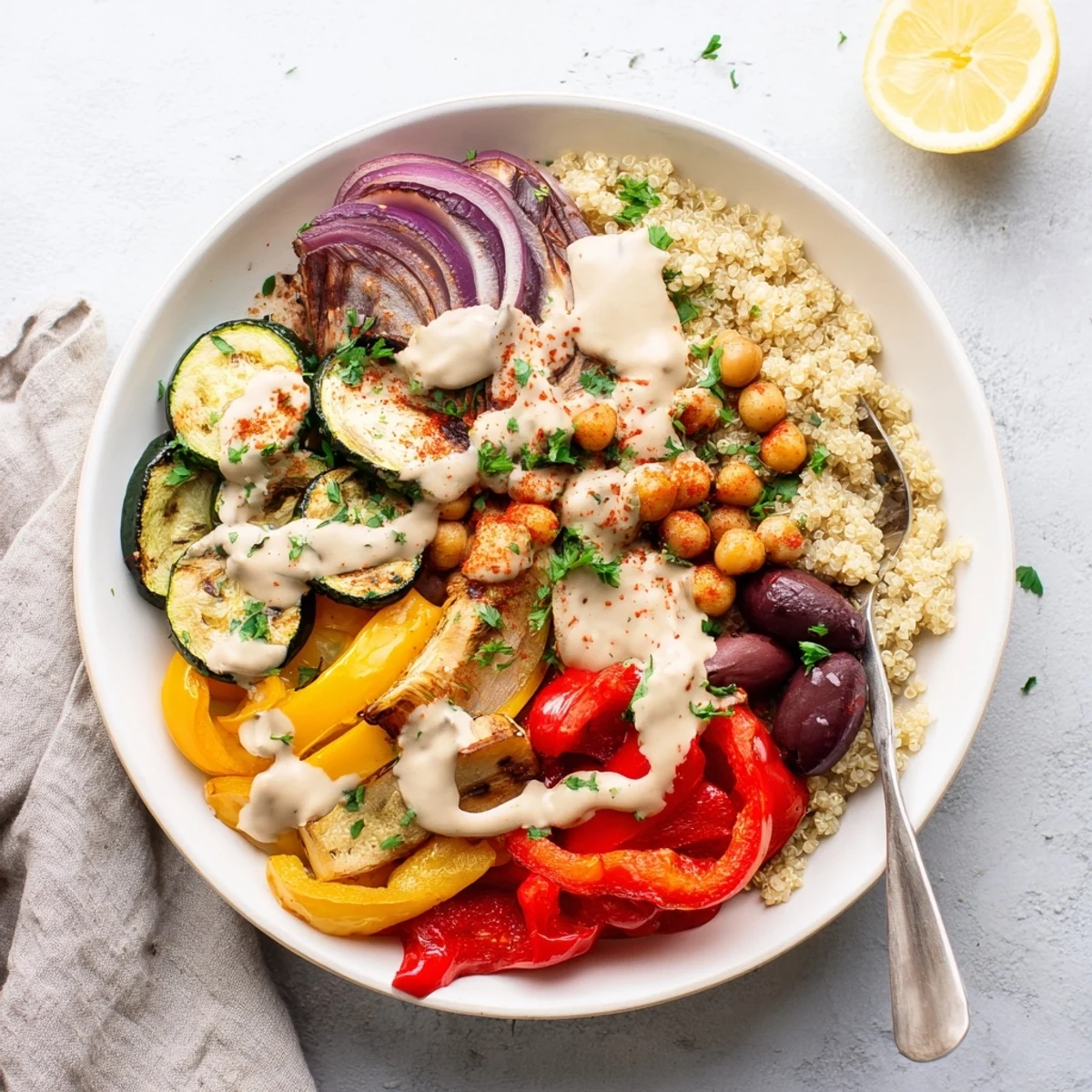 A cozy vegan Mediterranean roasted vegetables bowl served warm over quinoa with zesty lemon tahini.