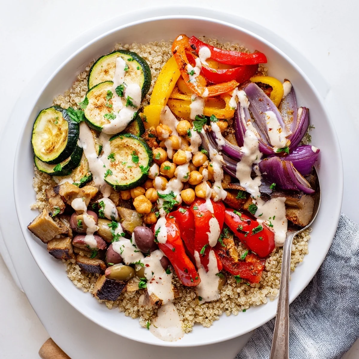 Charred bell peppers and tender chickpeas fill this vegan Mediterranean bowl topped with fresh parsley.