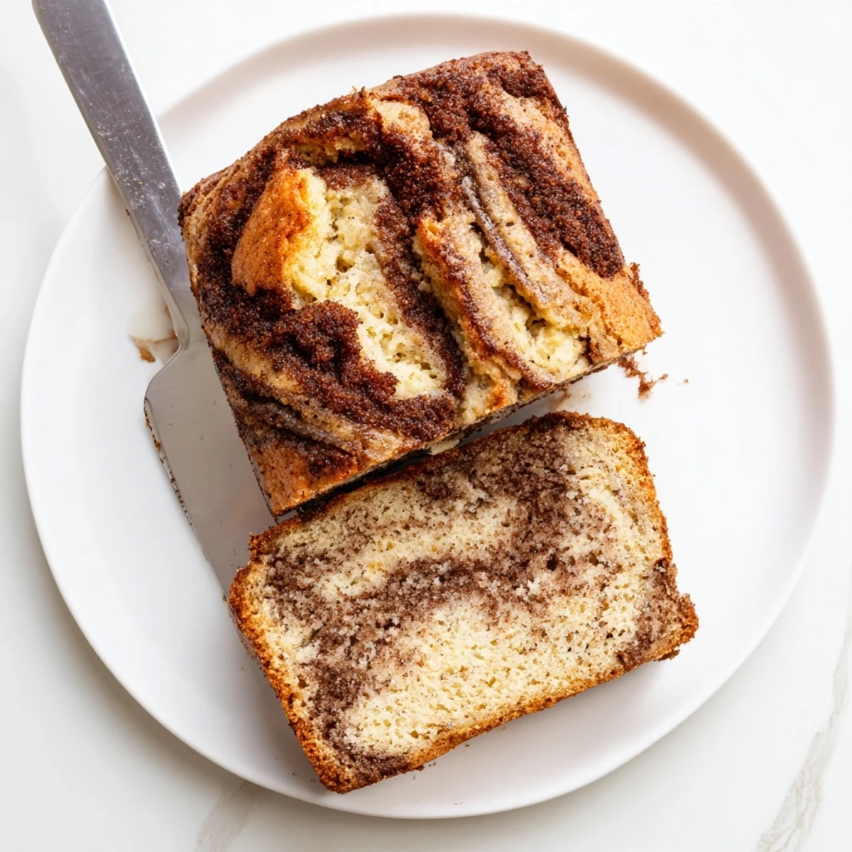Thick slice of snickerdoodle banana bread swirled with cinnamon sugar, served with melting butter on top.
