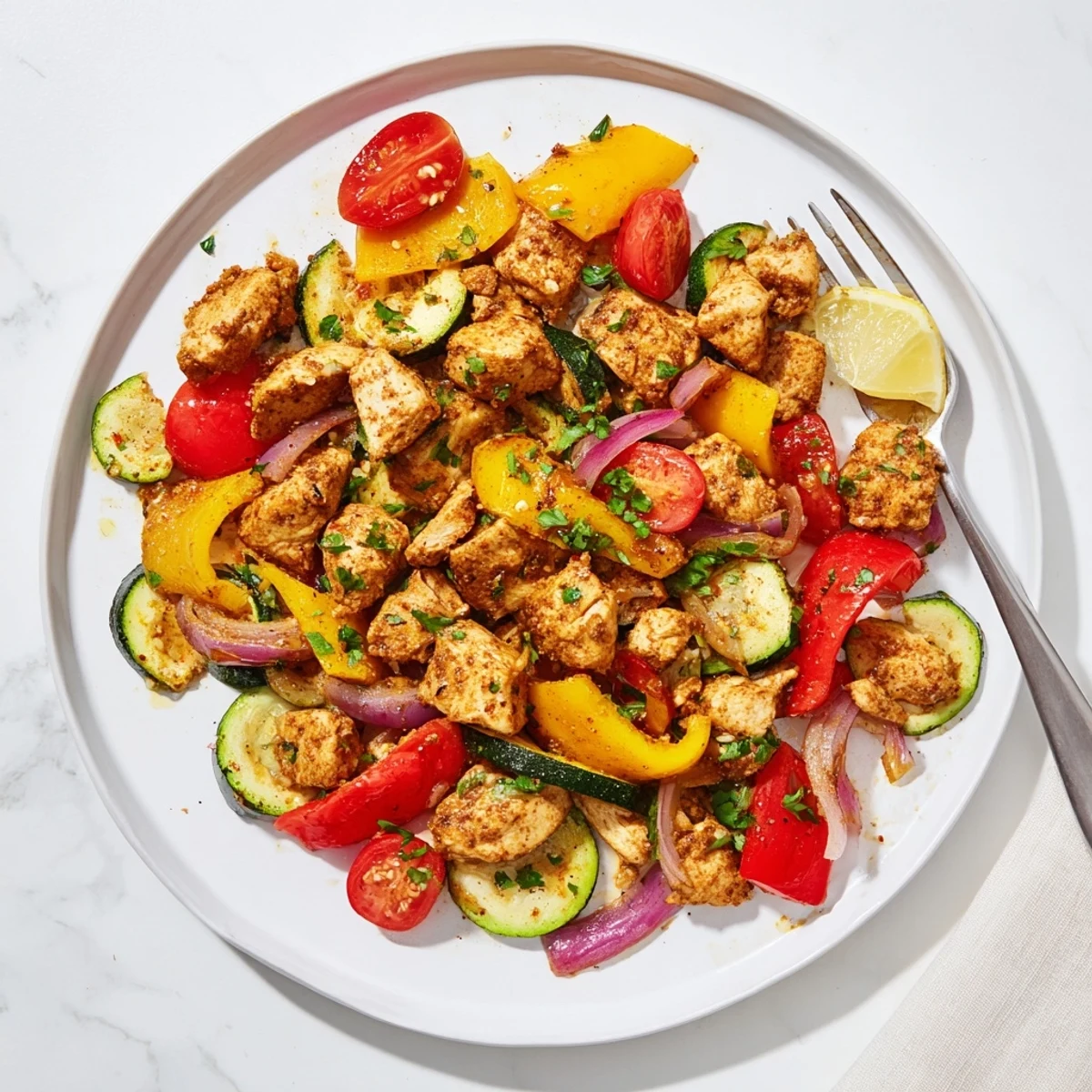 Golden chicken and colorful bell peppers in a quick flavorful one pan dish