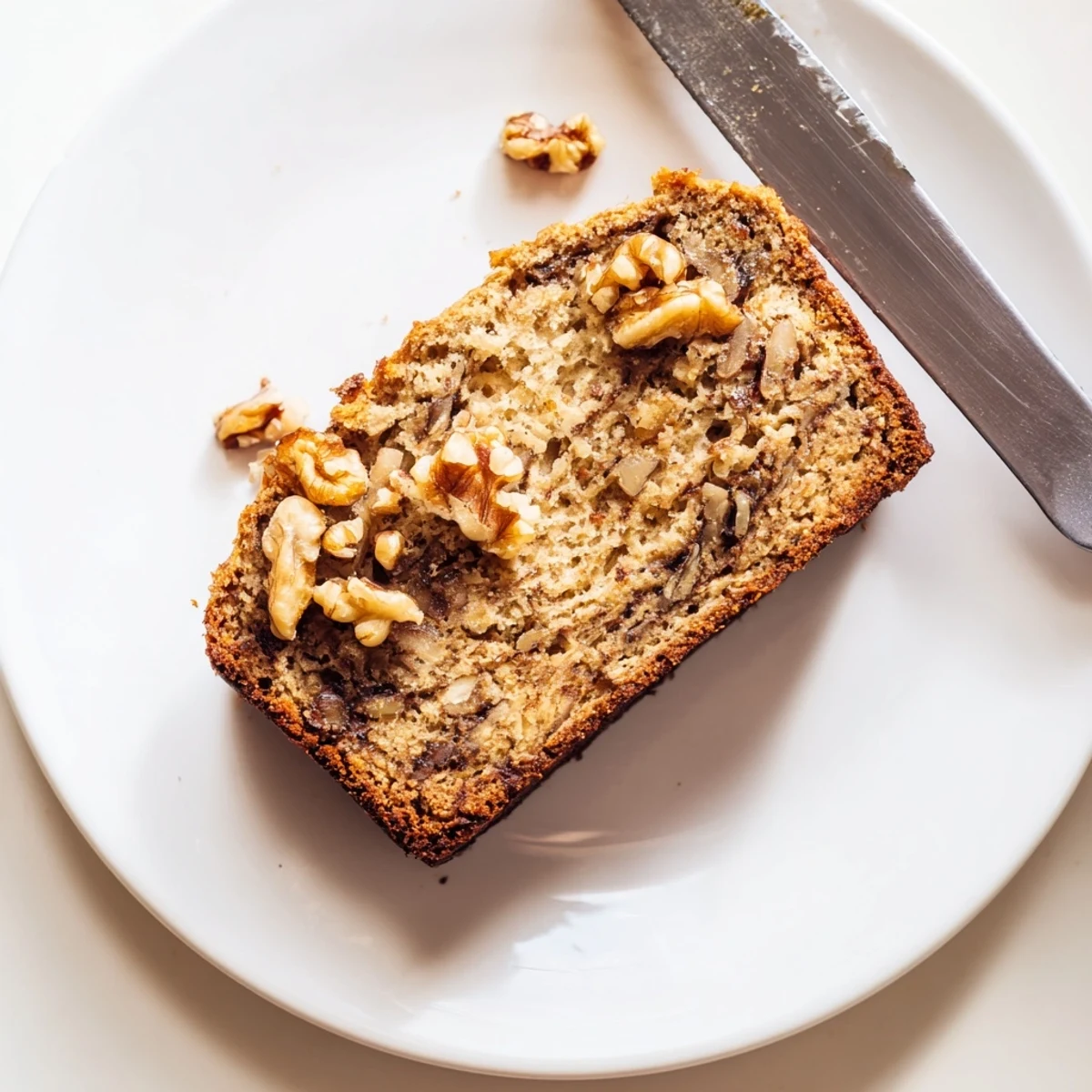 Warm slice of banana nut bread on a rustic plate with walnuts