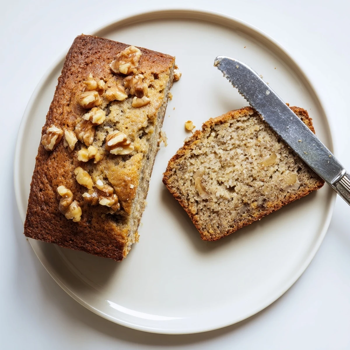 Golden banana nut bread sliced on a wire rack with scattered walnuts