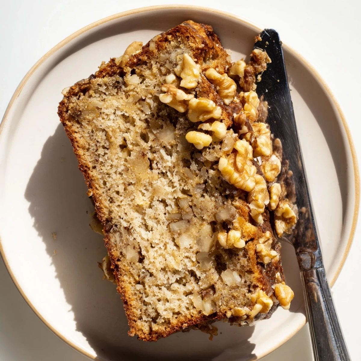 Moist banana nut bread loaf topped with crunchy walnuts and golden crust