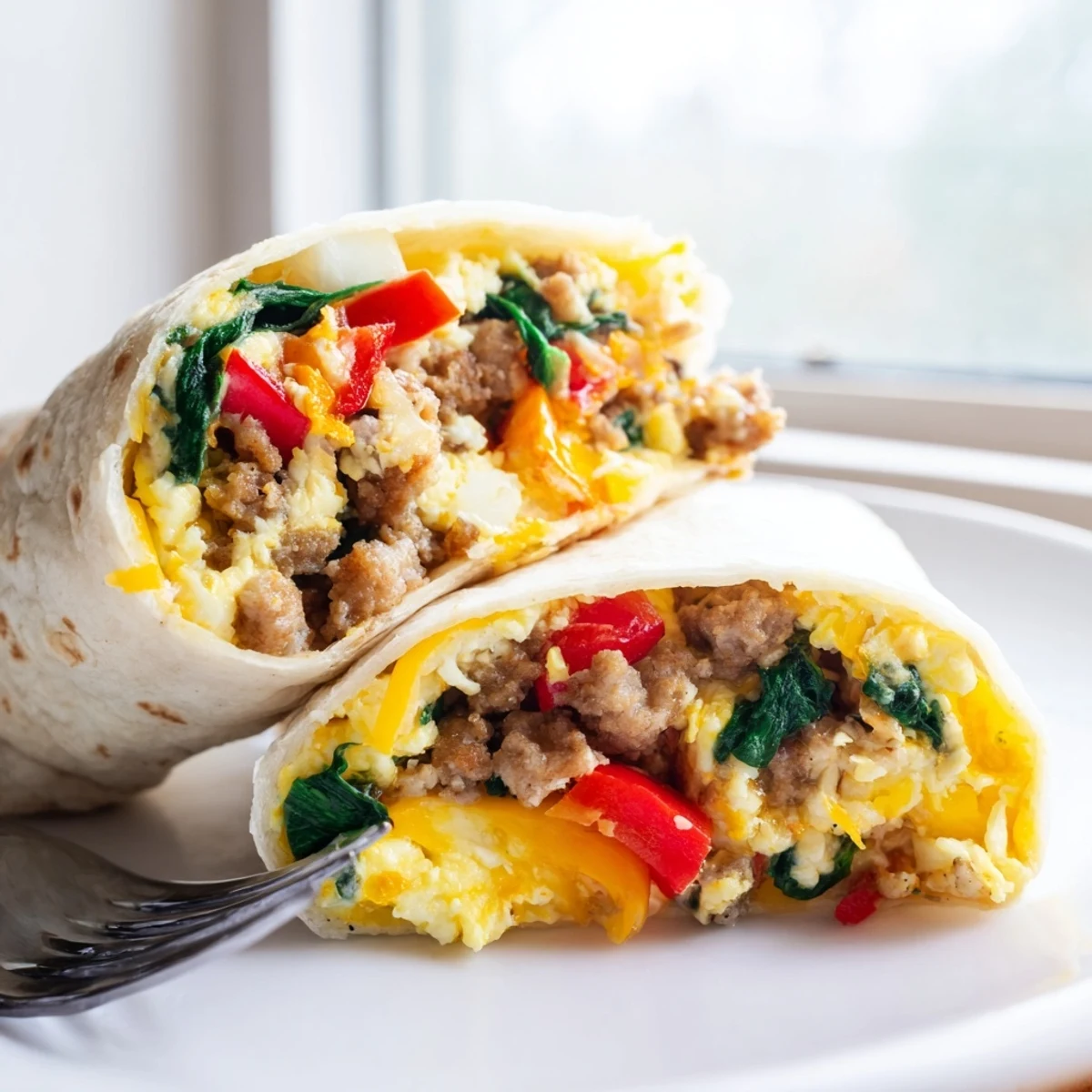 Golden scrambled eggs and melted cheddar wrapped in a warm flour tortilla for freezer breakfast burritos