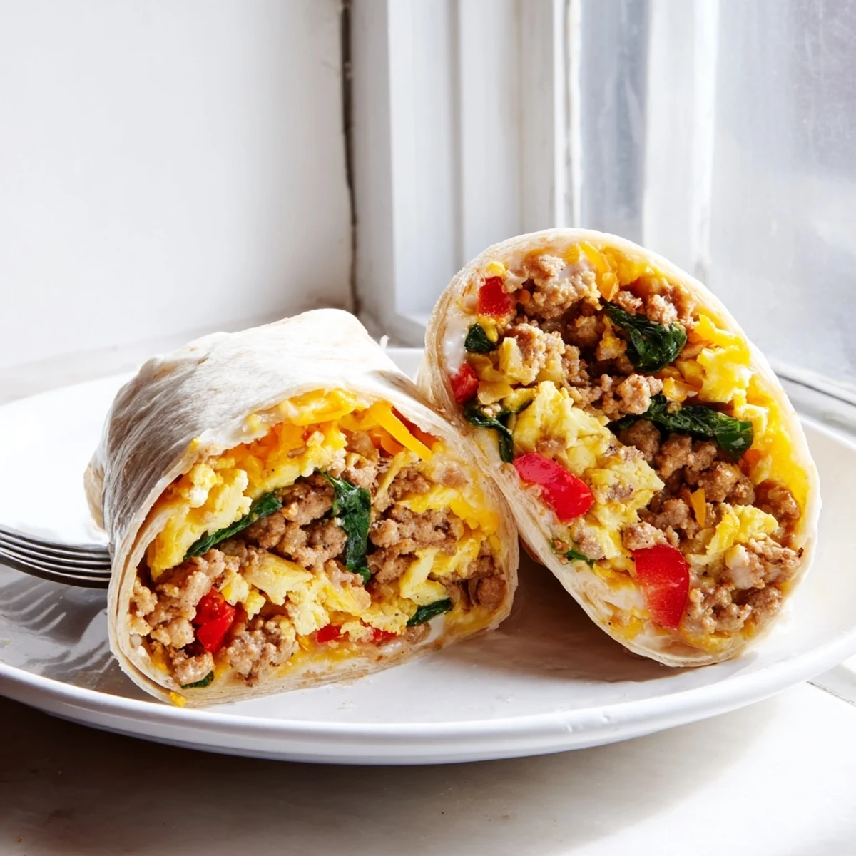 Sliced open burrito revealing savory sausage, peppers, and cheesy egg filling in these freezer breakfast burritos