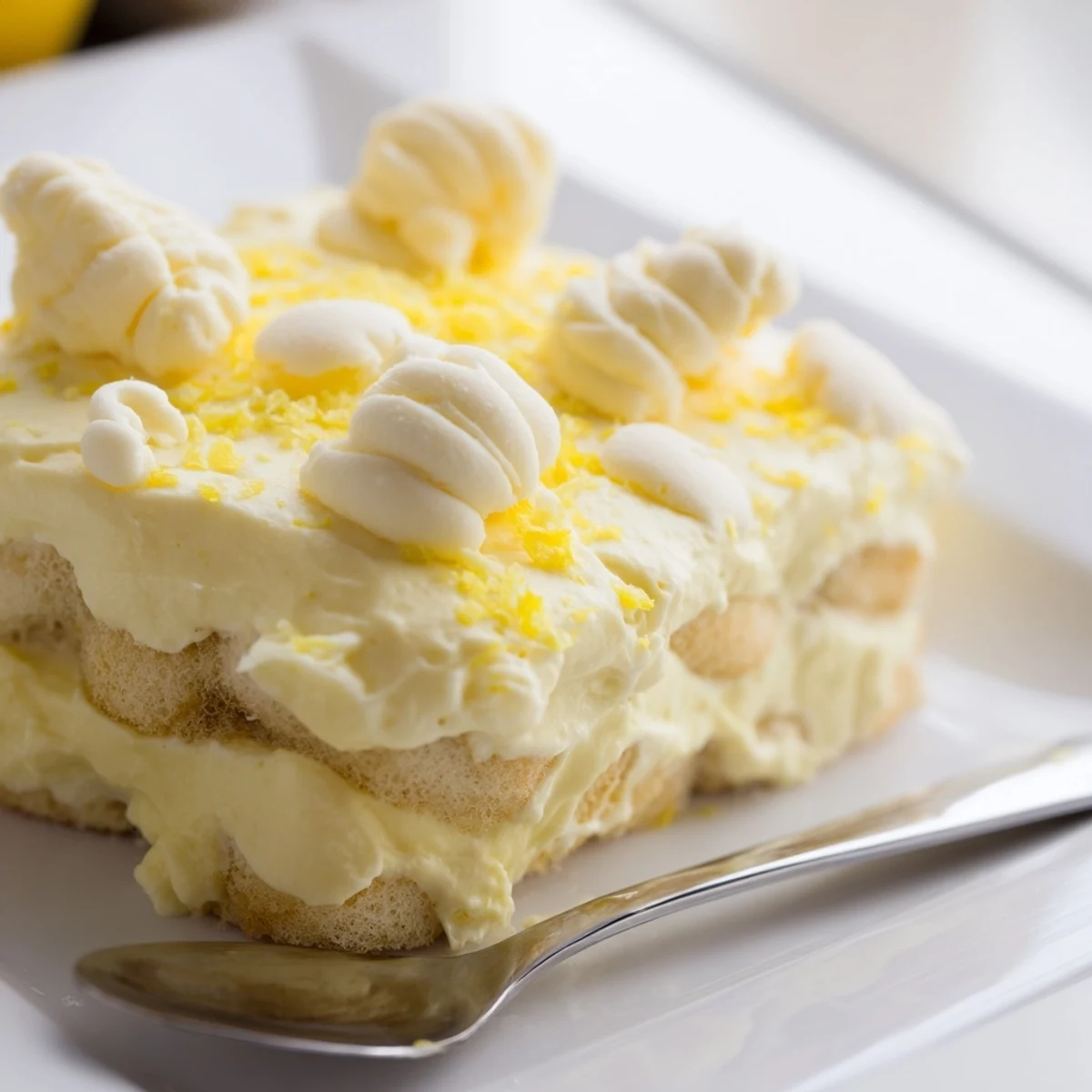 No-bake lemon tiramisu with soft ladyfingers and fluffy mascarpone cream ready to serve