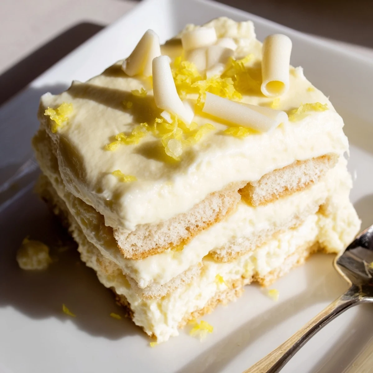 Layers of creamy lemon tiramisu topped with fresh zest in a glass dish