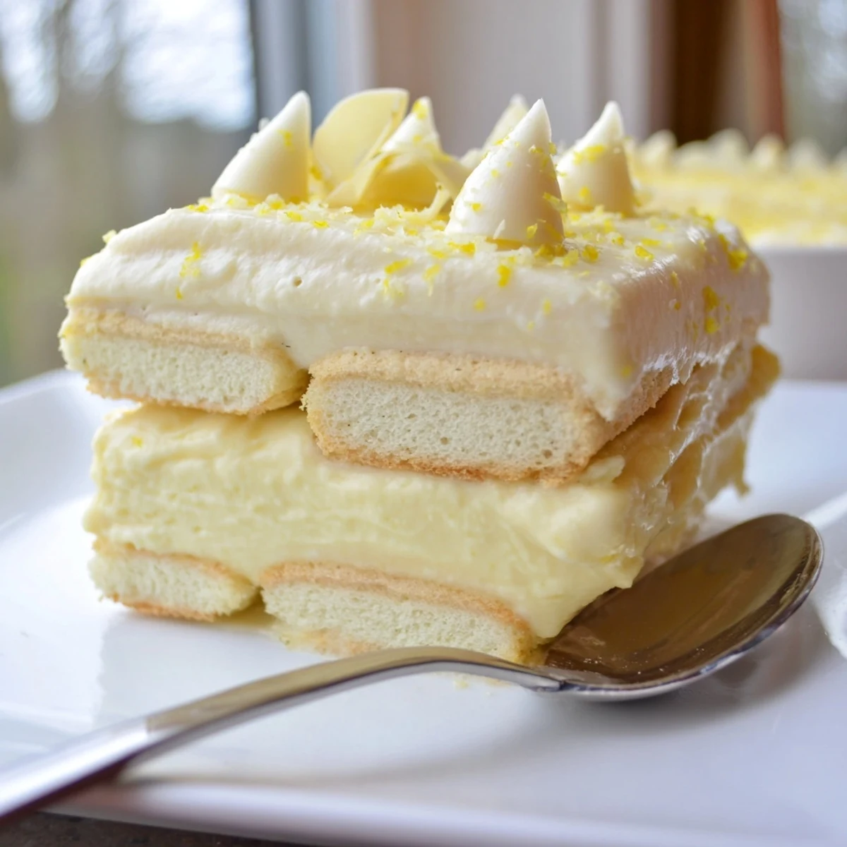 Chilled lemon tiramisu slices garnished with white chocolate curls on a summer plate