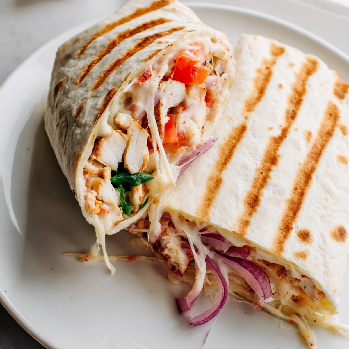 Cozy Cheesy Garlic Chicken Wraps grilled golden, oozing melted cheese and garlic