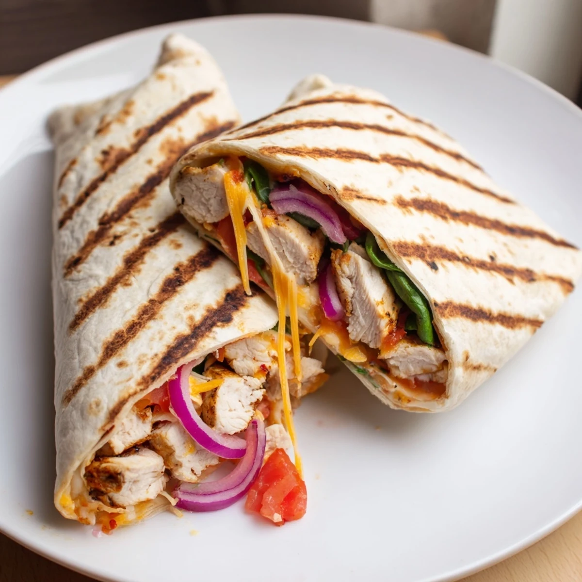 A plate of Cozy Cheesy Garlic Chicken Wraps, buttery grilled, served warm