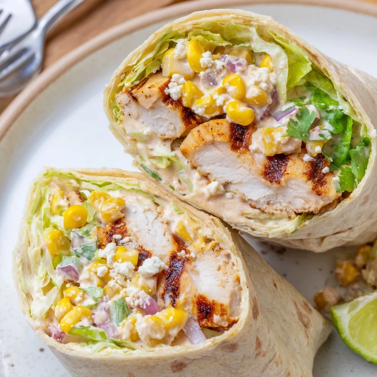 Quick Mexican Street Corn Chicken Wraps with charred corn, creamy lime Cotija sauce