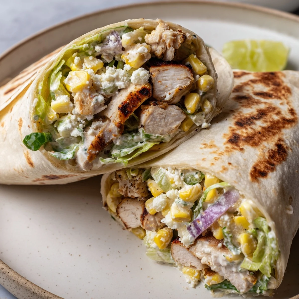 Grilled chicken tucked into Quick Mexican Street Corn Chicken Wraps, served with lime