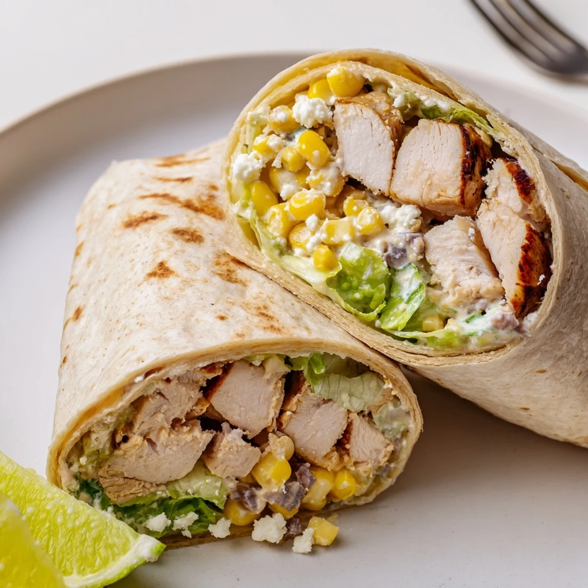 Crisp shredded lettuce and jalapeño peeking from Quick Mexican Street Corn Chicken Wraps