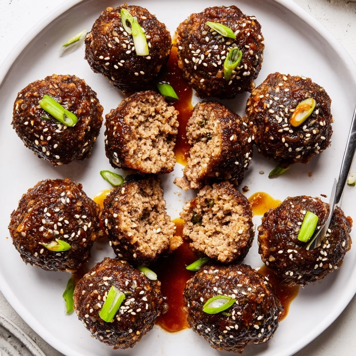Firecracker Meatballs glistening in sticky red sauce, sesame and scallions garnish.