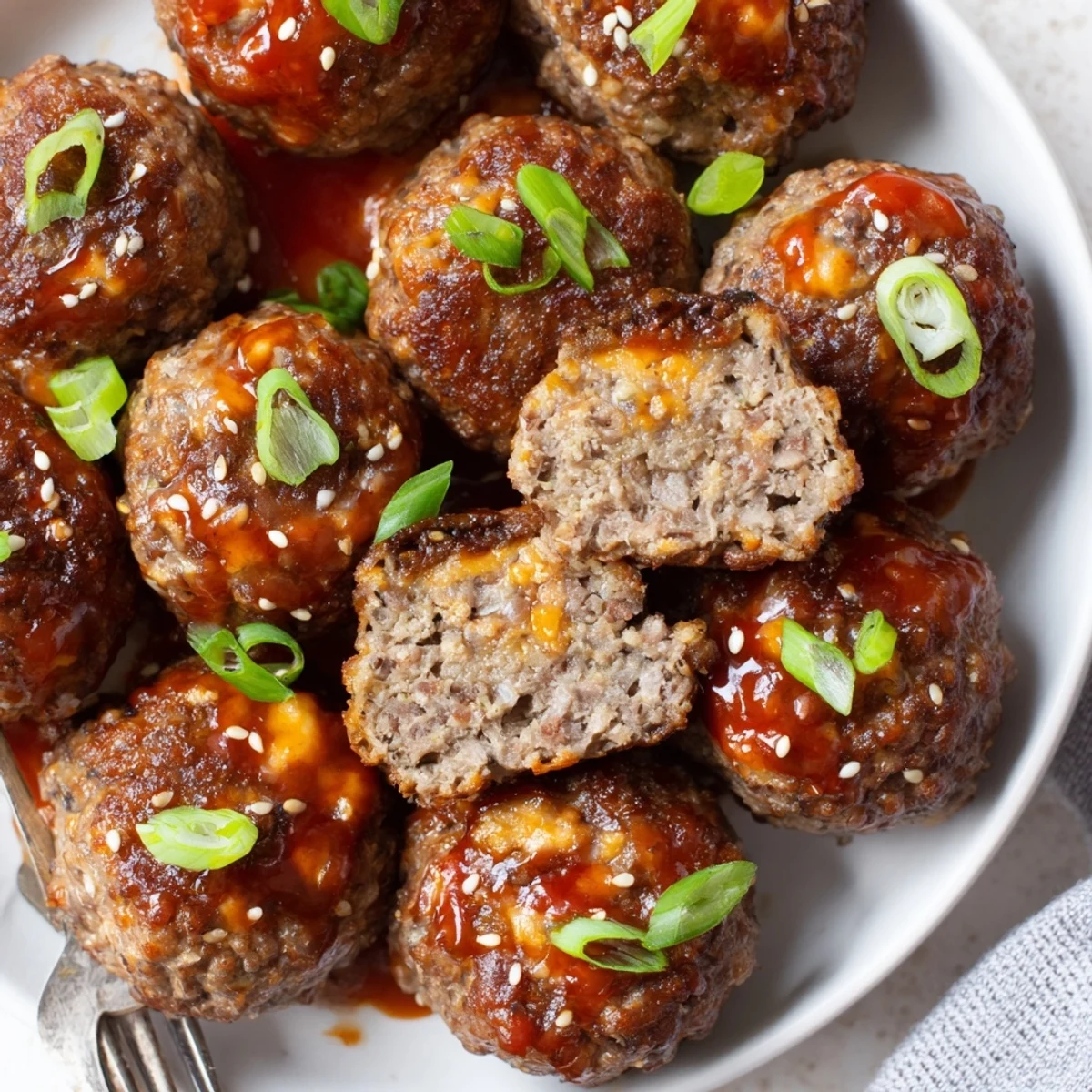 Spicy Firecracker Meatballs piled on white rice, sweet and spicy glaze shining.