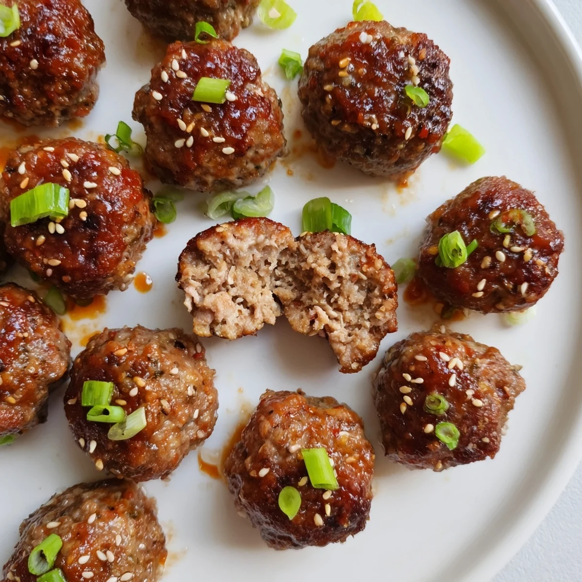 Oven-browned Firecracker Meatballs, bite-sized party bites with glossy chili-honey glaze.