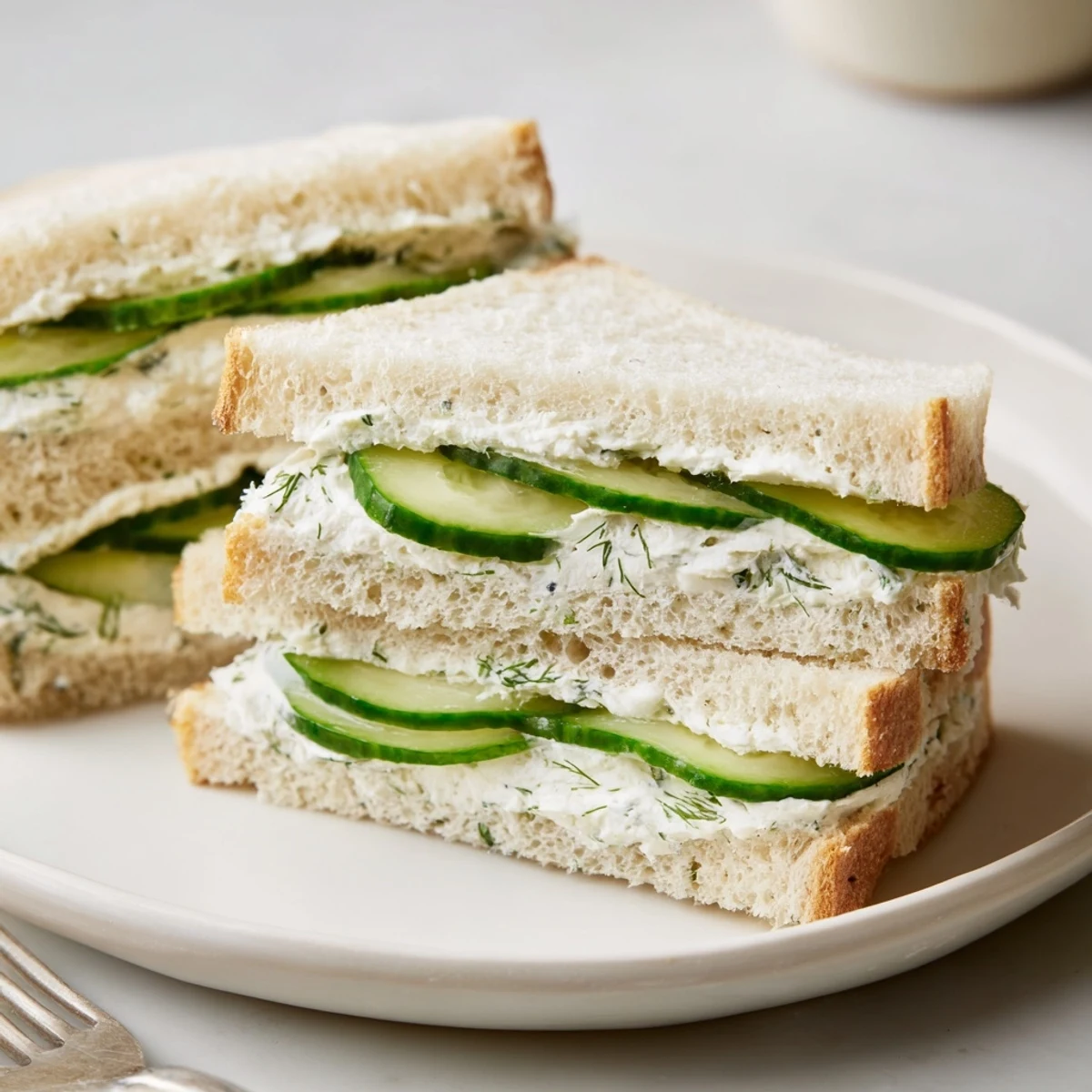 Stack of Classic Cucumber Sandwiches cut into triangles, soft bread, crisp cucumbers