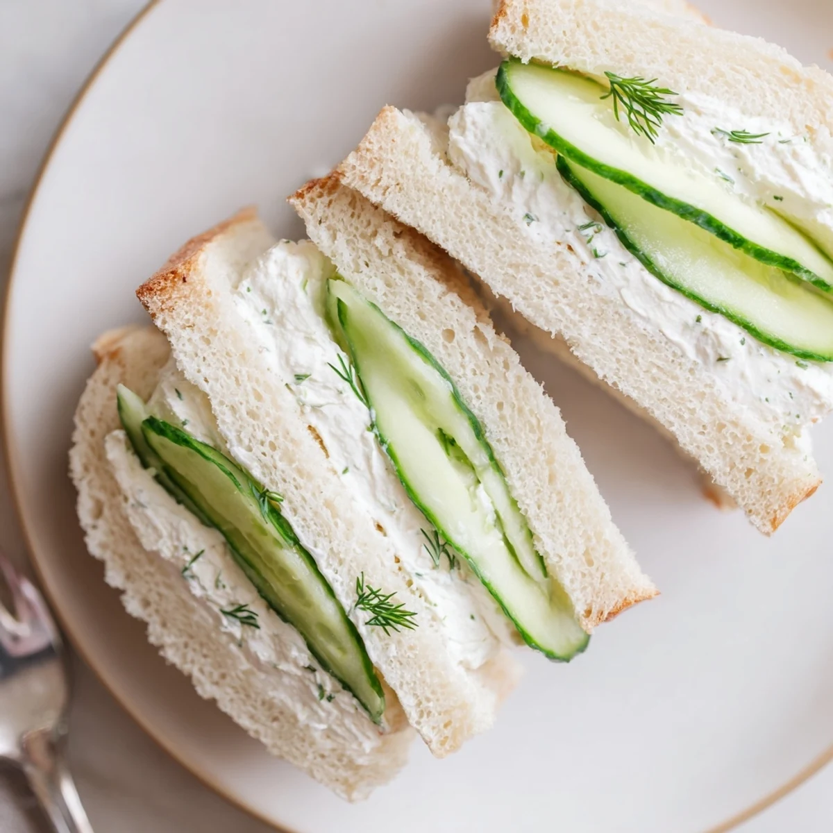 Tea time Classic Cucumber Sandwiches arranged on plate, cool, refreshing, lightly seasoned