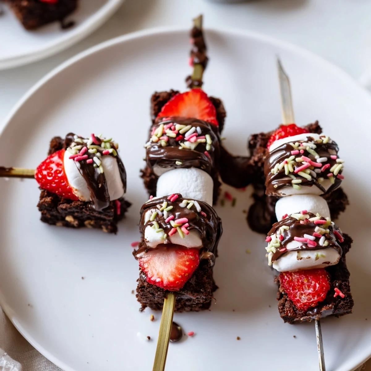 Sweet Strawberry Brownie Kabobs gleaming with melted chocolate, ready for dipping