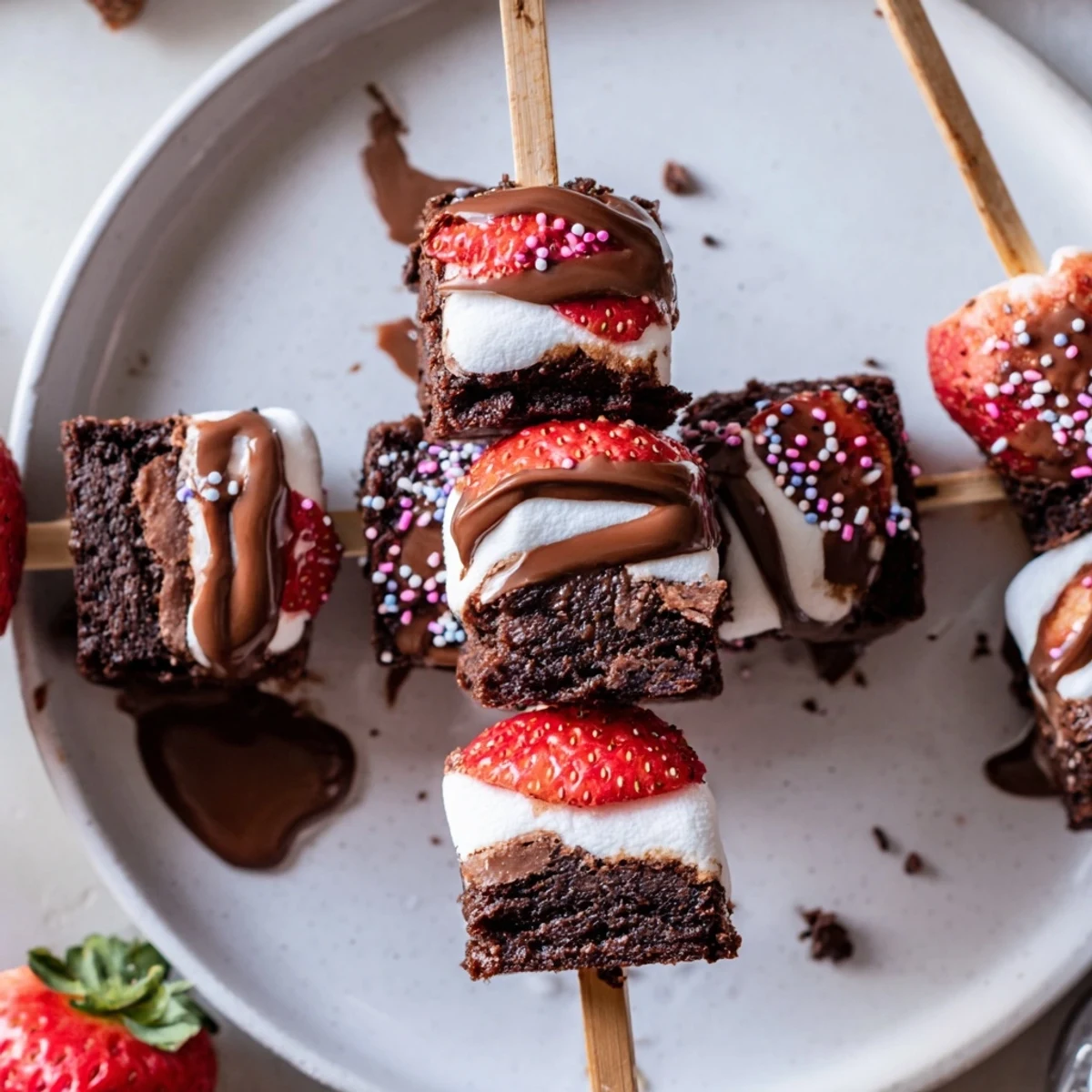 Kids enjoying Sweet Strawberry Brownie Kabobs at picnic, fluffy marshmallows visible