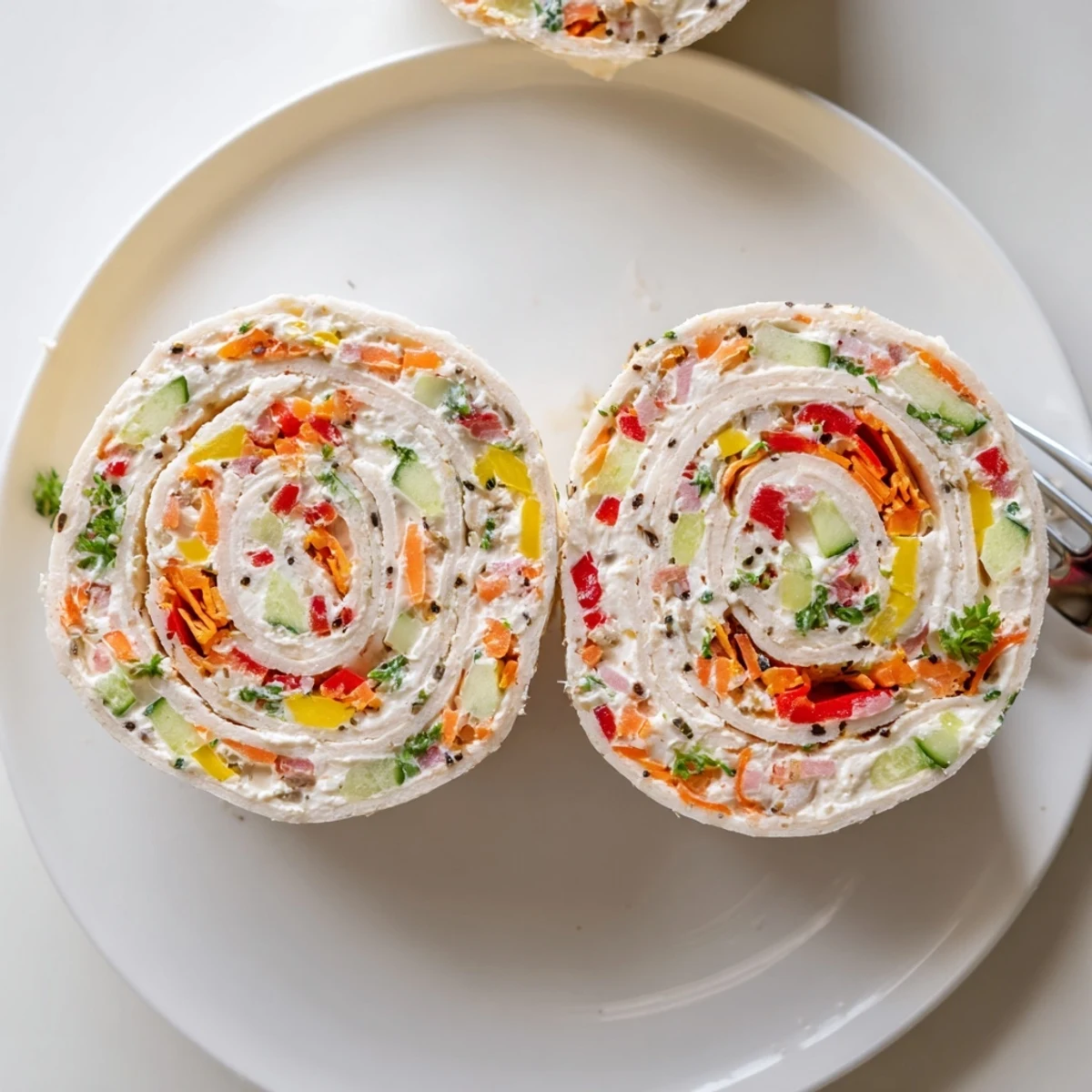 Vegetable Tortilla Roll Ups on a platter, creamy filling and crisp vegetables