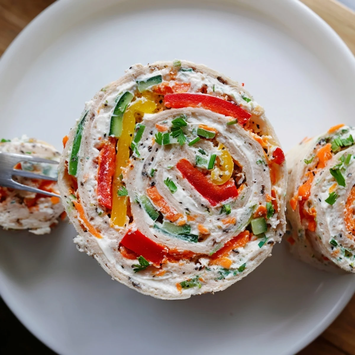 Bright Vegetable Tortilla Roll Ups sliced bite-sized, perfect for picnics and parties