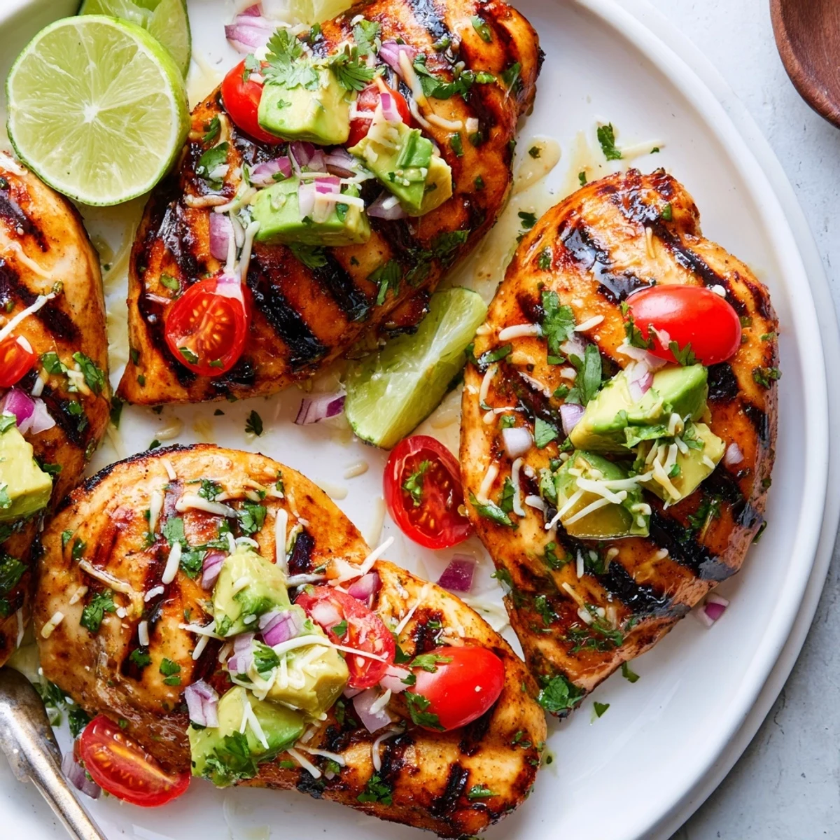 Charred Fiesta Lime Chicken With Avocado served with lime wedges and cilantro